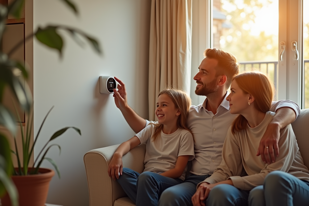 Famille discutant du thermostat dans un salon chaleureux