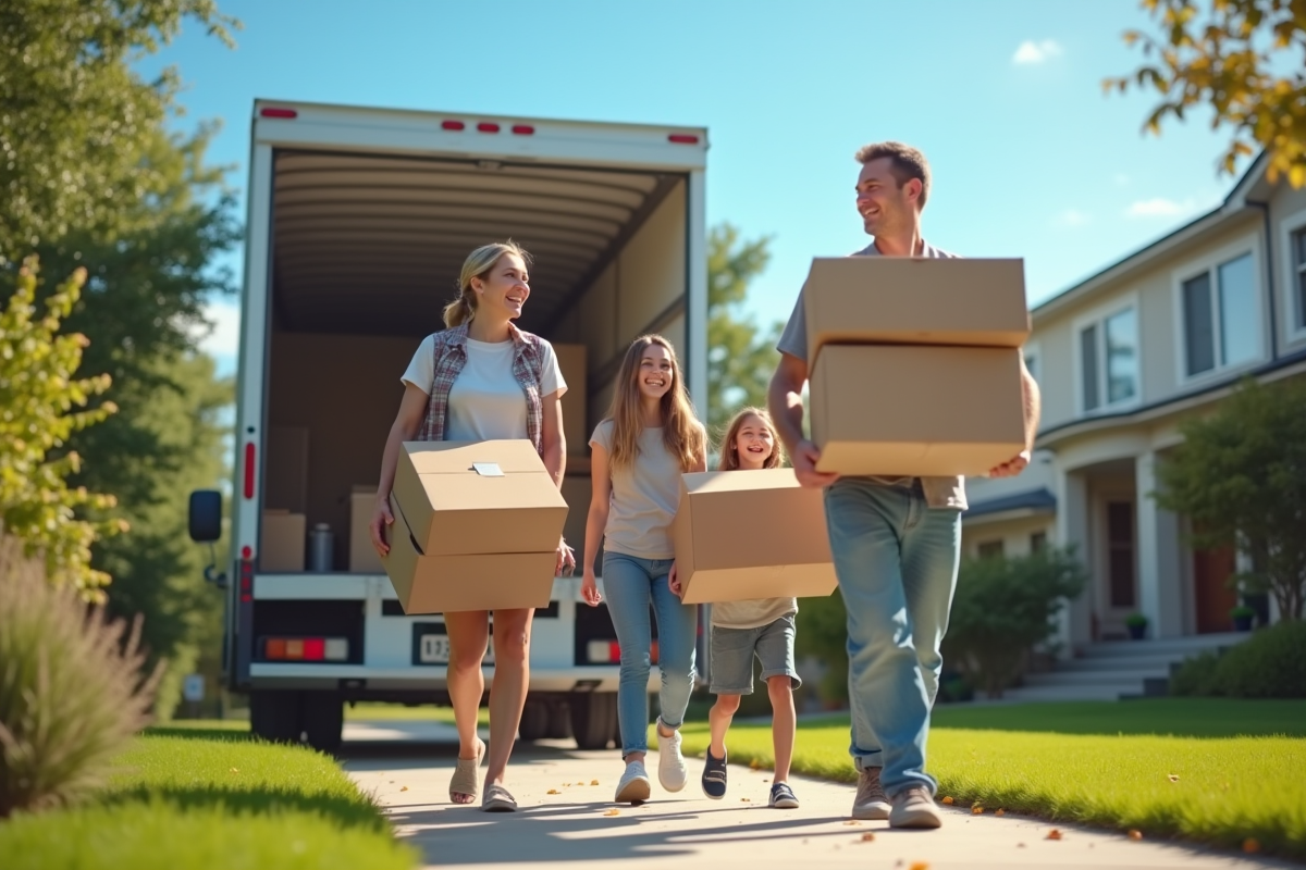 Famille joyeuse portant meubles et cartons devant la maison