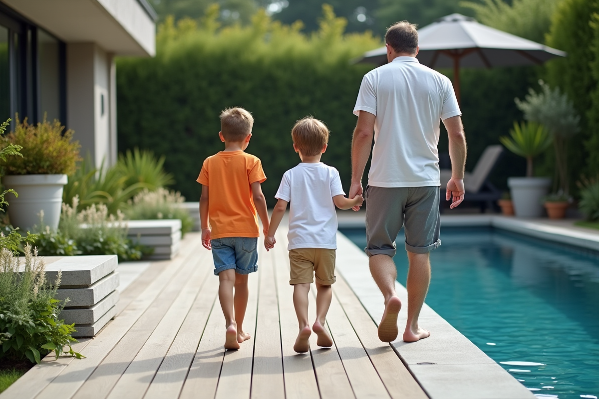 Famille avec enfants sur terrasse autour d