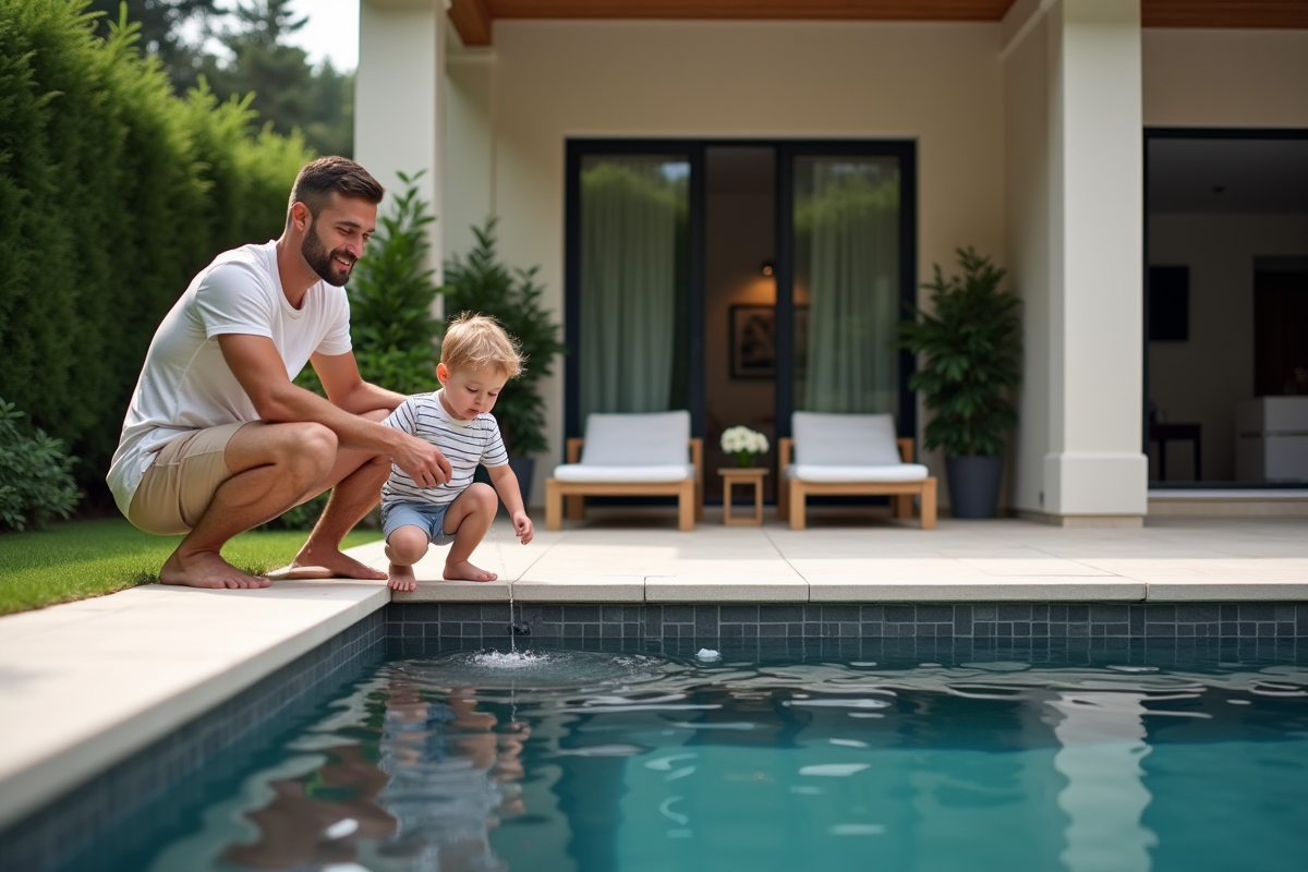 Famille avec enfant près de la piscine dans le jardin