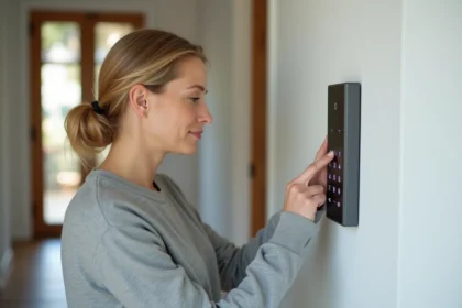 Femme activant un panneau de contrôle d'alarme de maison Verisure dans un couloir d'entrée moderne