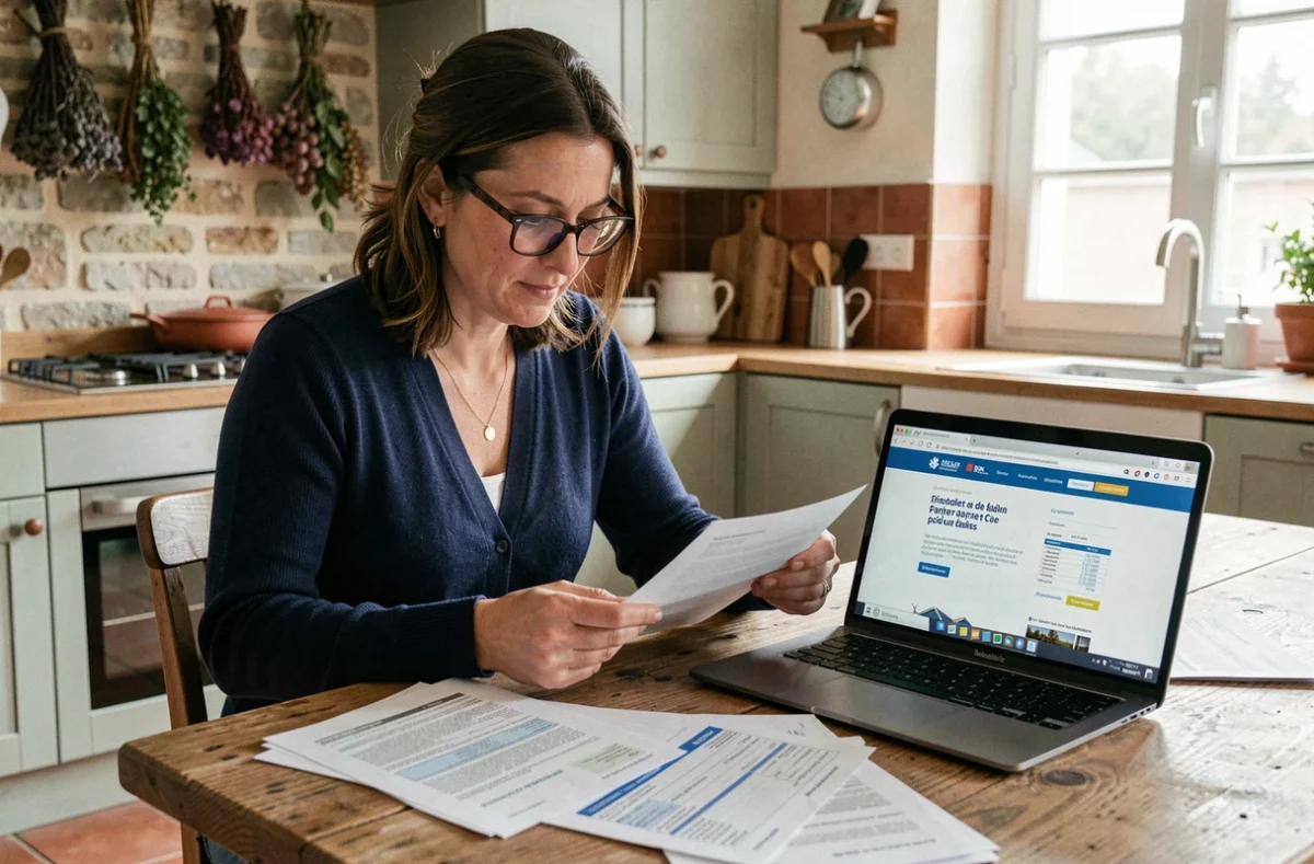 Femme consultant des documents sur les aides de l'État pour l'installation de panneaux solaires à domicile