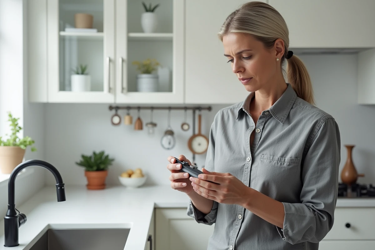 Femme examinant un aimant anti-calcaire dans une cuisine moderne, regard critique sur le produit