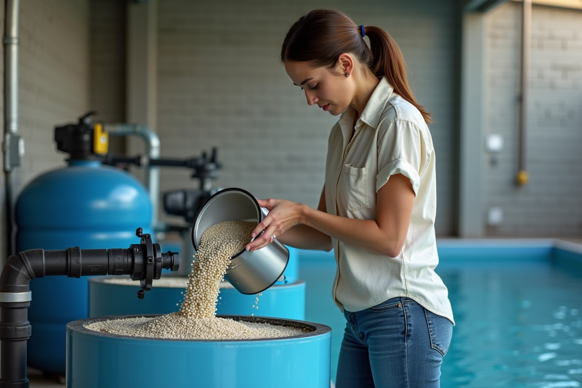 Femme versant des billes de filtre dans un système de piscine