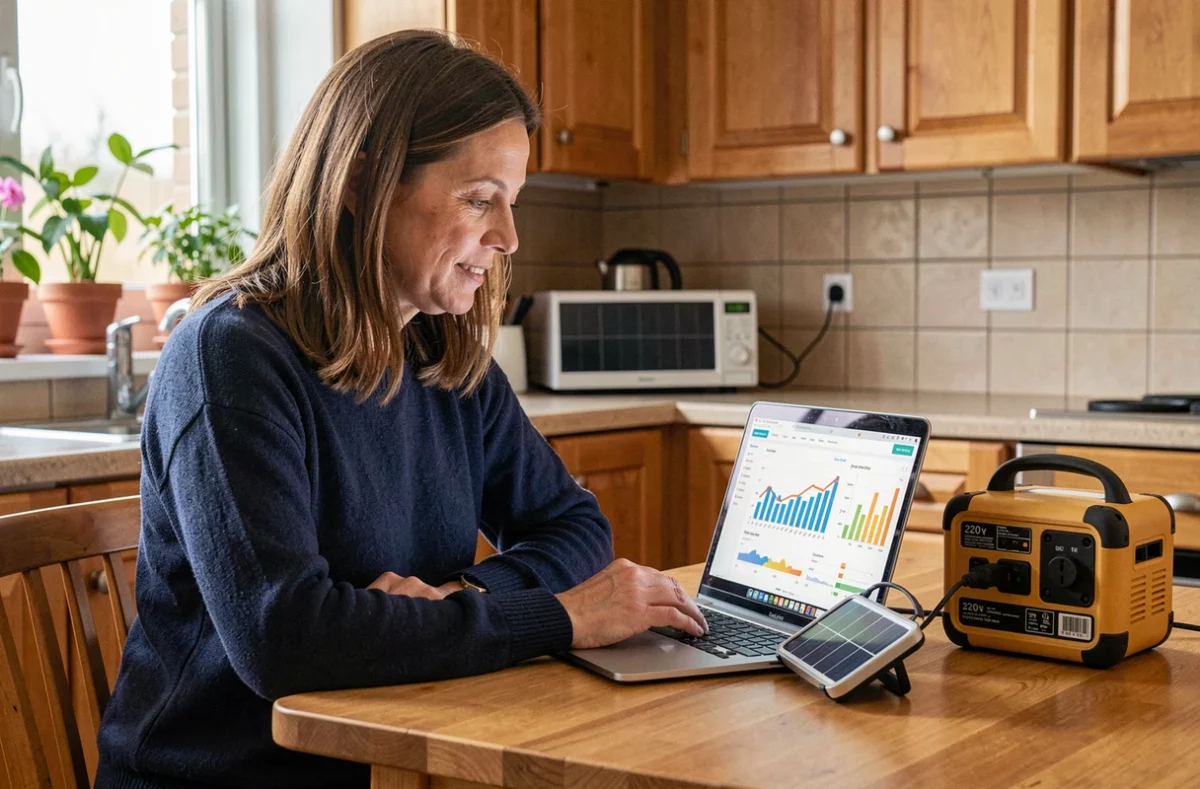 Femme analysant sa consommation d'énergie solaire sur un ordinateur portable avec une station d'alimentation 220V sur la table
