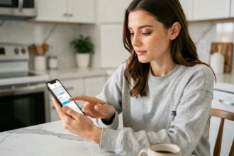 Femme utilisant une application mobile pour réserver un service de ménage à domicile depuis sa cuisine moderne