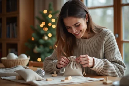 Jeune femme souriante assemble un calendrier de l'Avent en lin