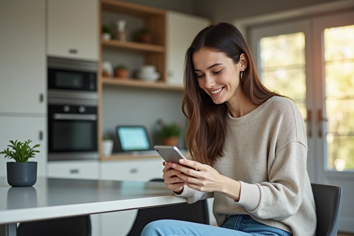Jeune femme utilisant son smartphone pour la domotique