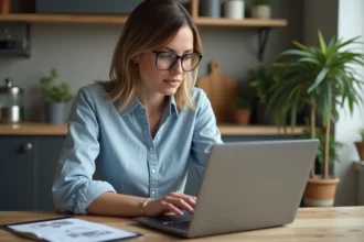 Femme en jeans et chemise regarde son ordinateur pour projets maison