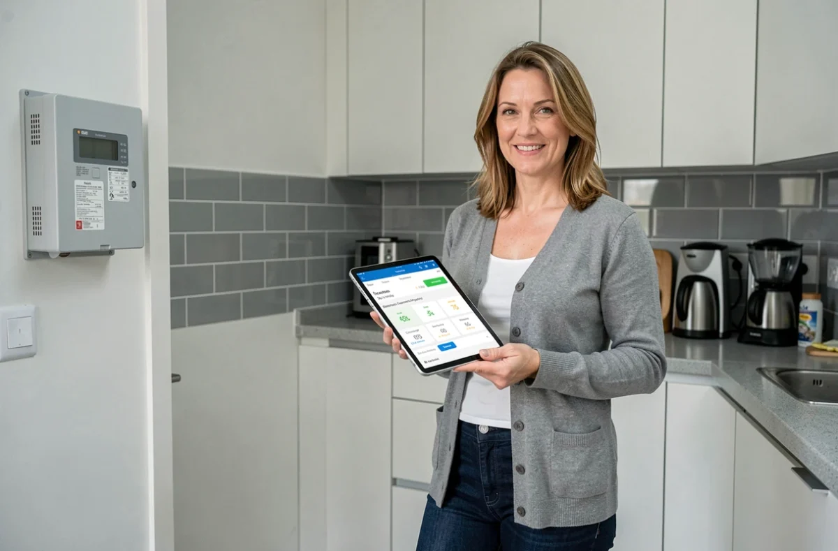 Femme consultant un calculateur de consommation en euros sur une tablette dans une cuisine moderne avec compteur électrique