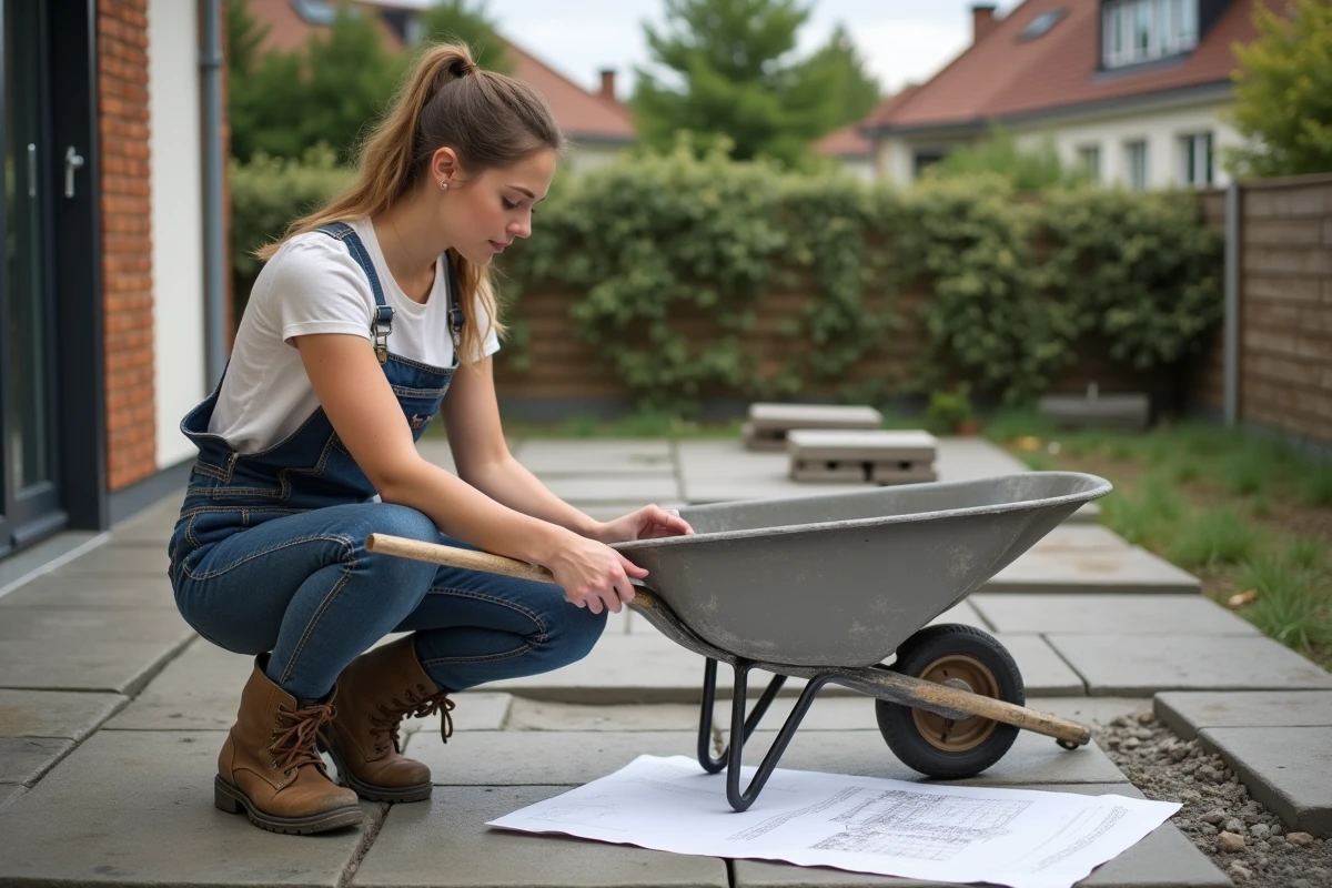Jeune femme en overalls construisant une terrasse