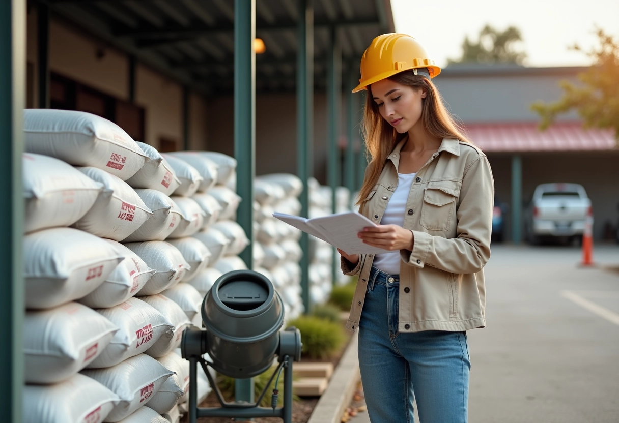 Jeune femme vérifiant une sac de ciment devant un magasin de bricolage