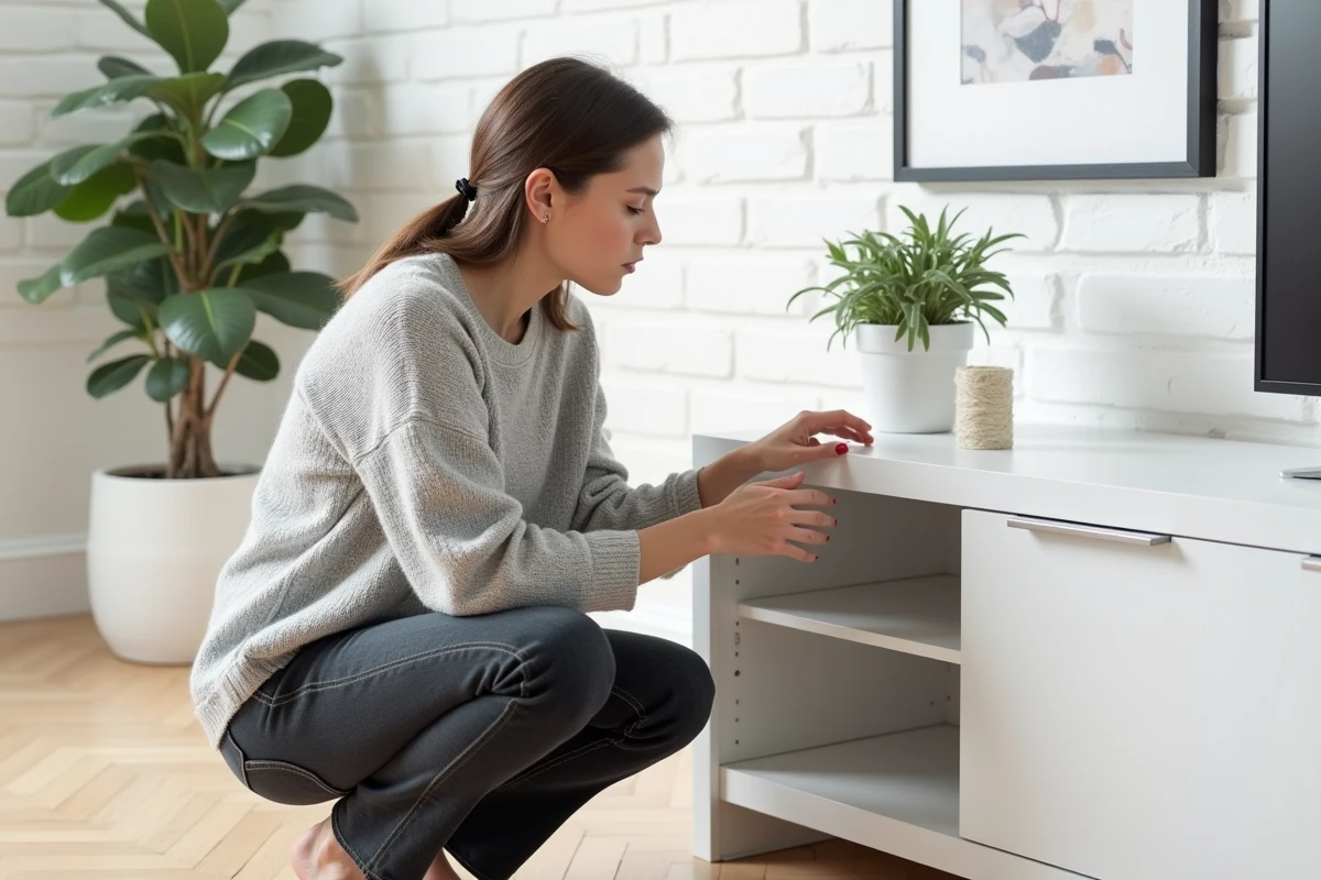 Femme examinant un meuble TV d'angle blanc brillant dans un intérieur scandinave lumineux