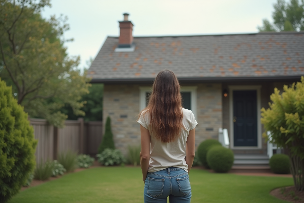 Jeune femme regardant son vieux toit en fibercement dans le jardin