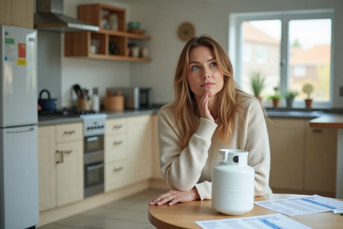 Jeune femme compare des bouteilles de gaz dans sa cuisine