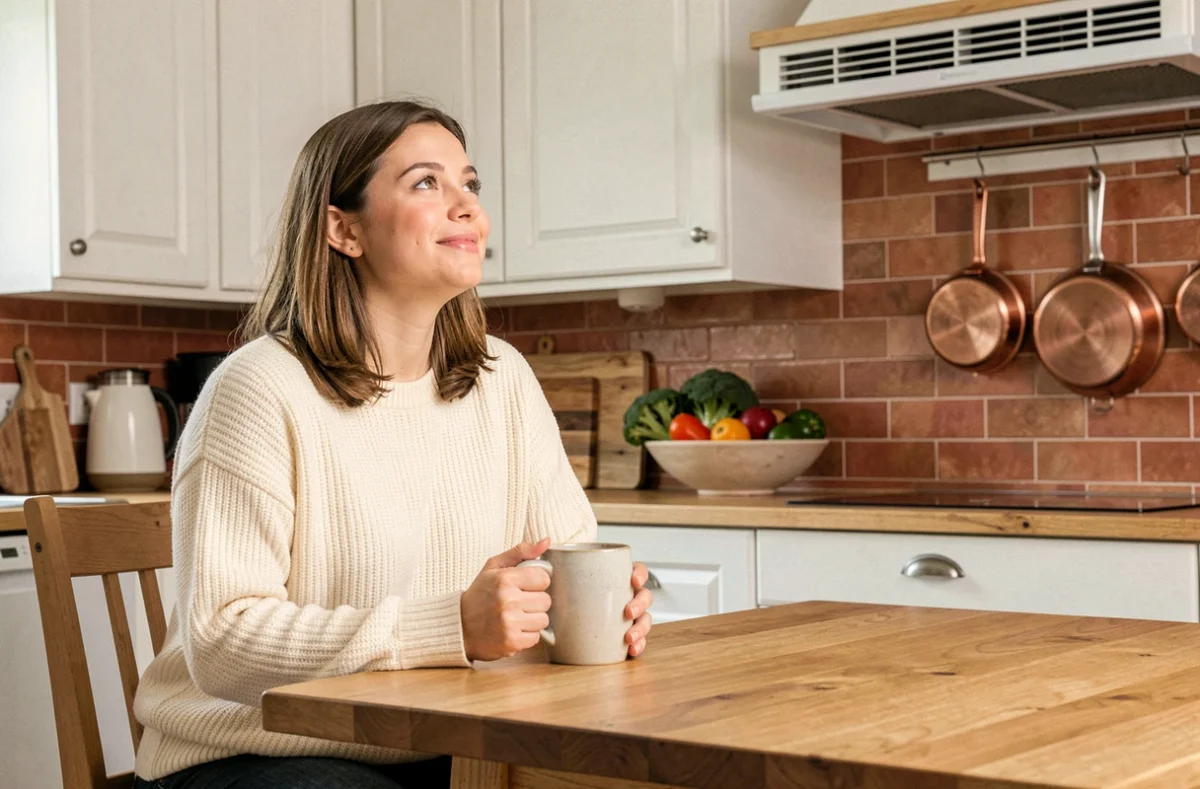 Femme détendue dans une cuisine rustique moderne avec unité de ventilation double flux Clinside discrète au-dessus des armoires