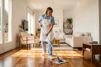 Femme de ménage professionnelle en uniforme bleu nettoyant le parquet d'un appartement moderne à Perpignan