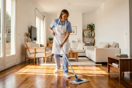 Femme de ménage professionnelle en uniforme bleu nettoyant le parquet d'un appartement moderne à Perpignan