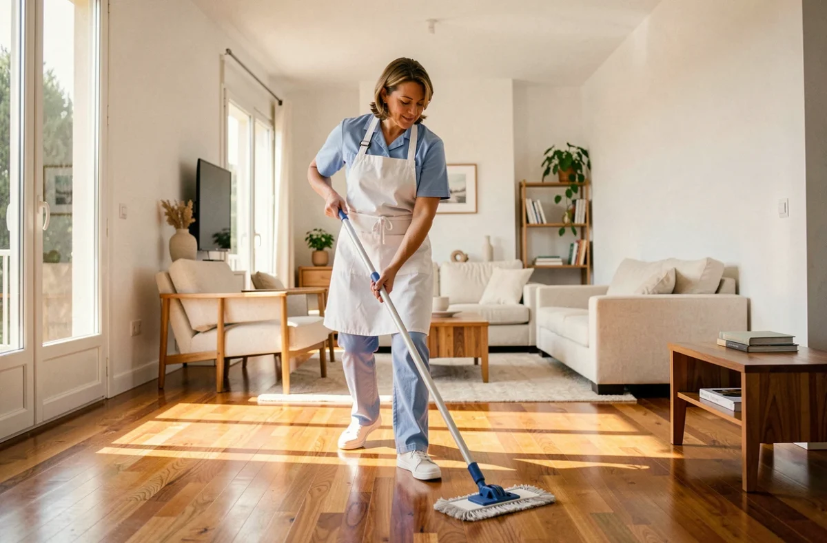 Femme de ménage professionnelle en uniforme bleu nettoyant le parquet d'un appartement moderne à Perpignan