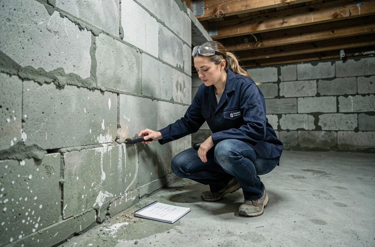Consultante en rénovation mesurant l'humidité d'un mur de sous-sol avec un hygromètre à pointes avant diagnostic travaux