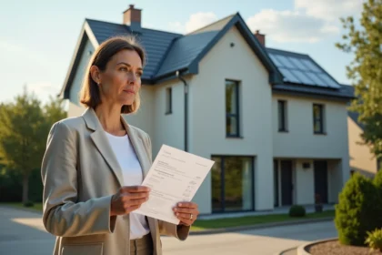 Femme consultant un certificat DPE devant une maison écologique avec panneaux solaires pour une vente immobilière en 2026