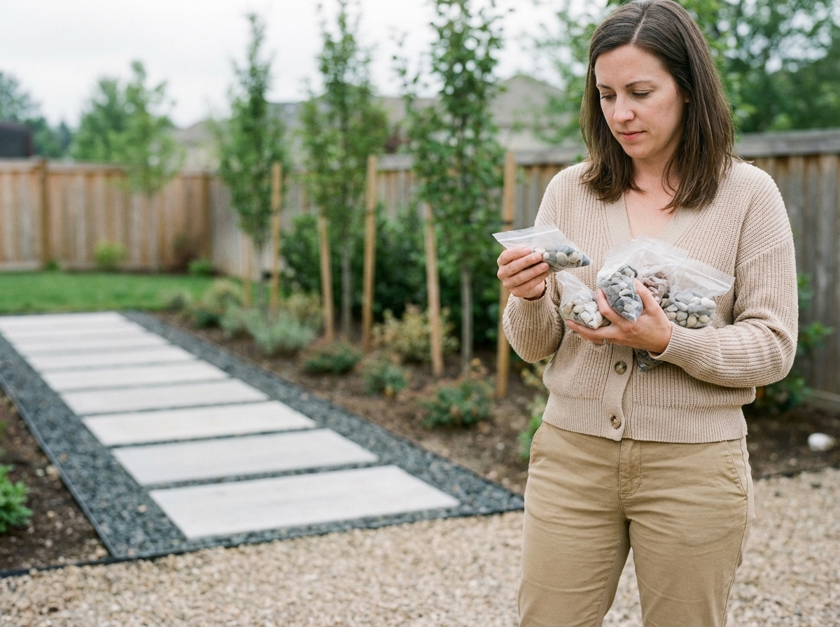 Jeune femme examinant des échantillons de gravier dans son jardin