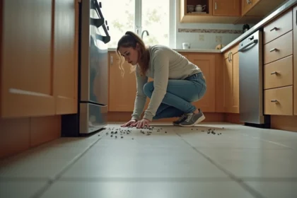 Femme inquiète examine des maggots dans la cuisine
