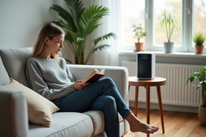 Jeune femme lisant avec un purificateur d'air dans le salon