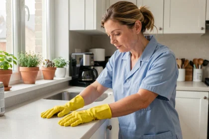 Femme de ménage professionnelle nettoyant un plan de travail dans une cuisine moderne d'une maison de l'Essonne