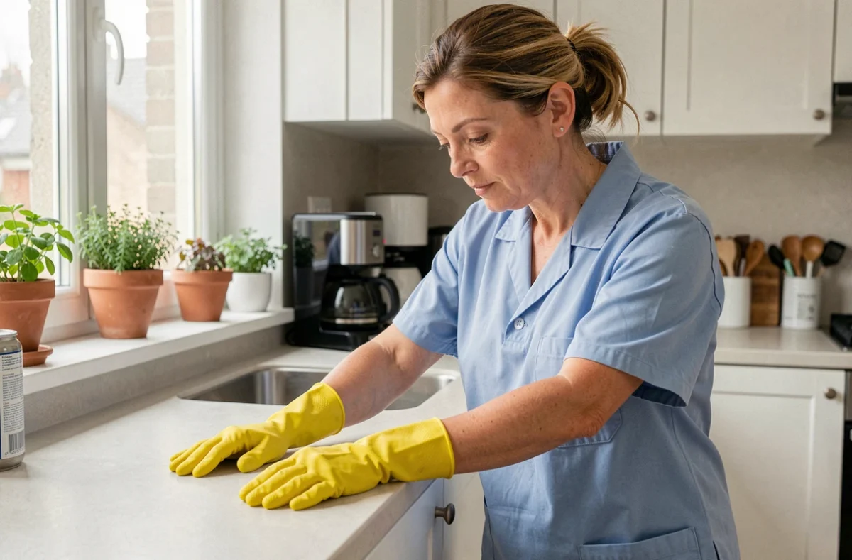 Femme de ménage professionnelle nettoyant un plan de travail dans une cuisine moderne d'une maison de l'Essonne