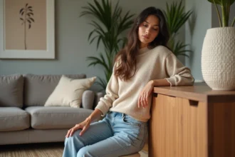 Femme réfléchissant devant un meuble en bois moderne dans un salon