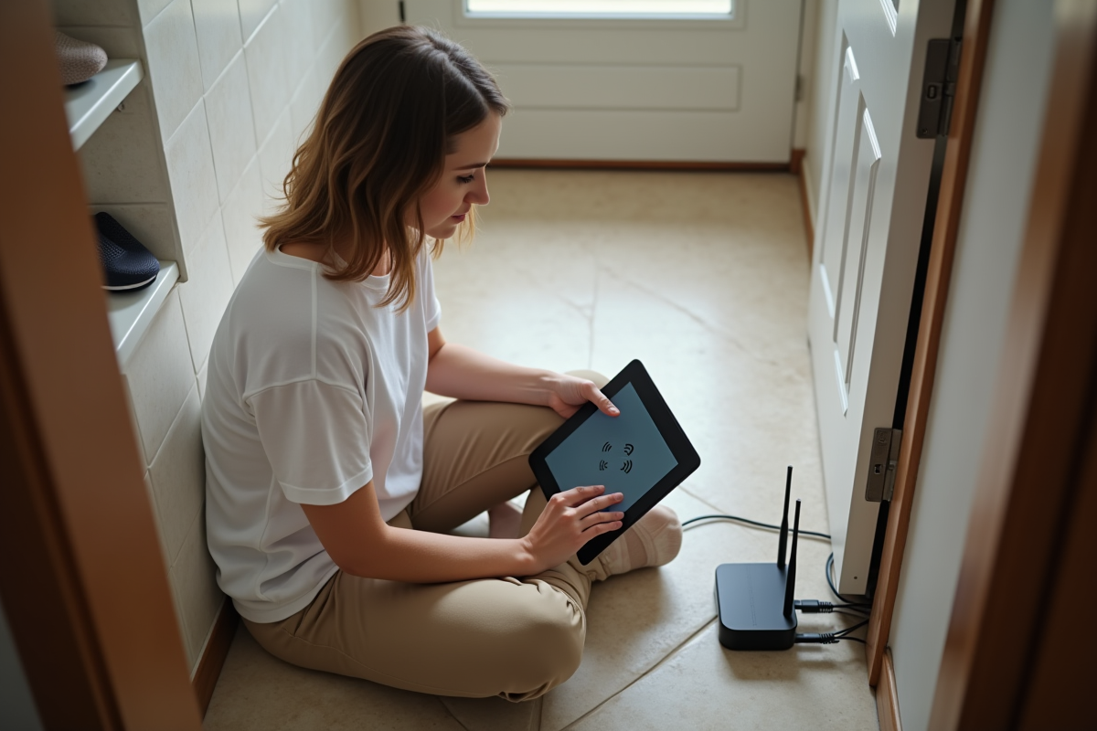 Femme organisant des câbles pour un routeur WiFi dans un petit appartement