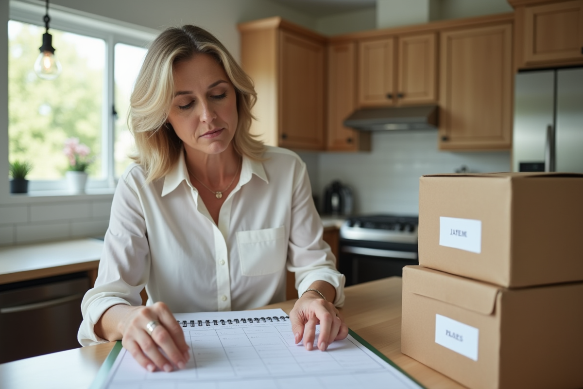 Femme réfléchissant à un calendrier de déménagement dans la cuisine