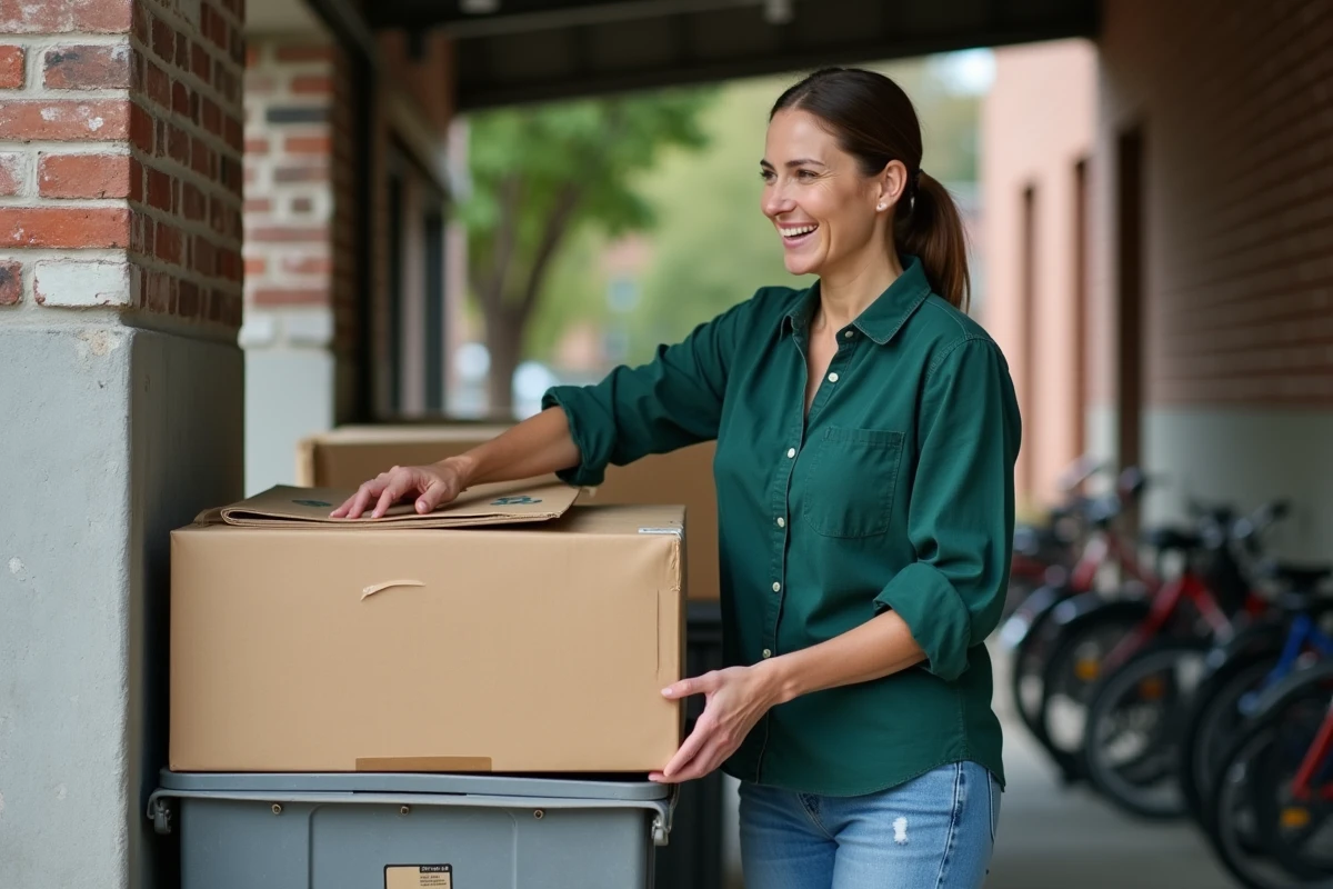 Femme récupérant des cartons gratuits près d'une zone de recyclage de supermarché pour un déménagement écologique