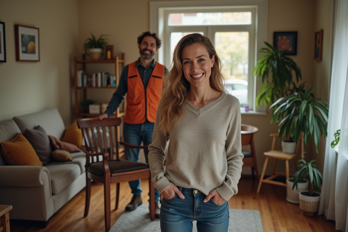 Femme souriante accueillant un recycleur de meubles dans son salon
