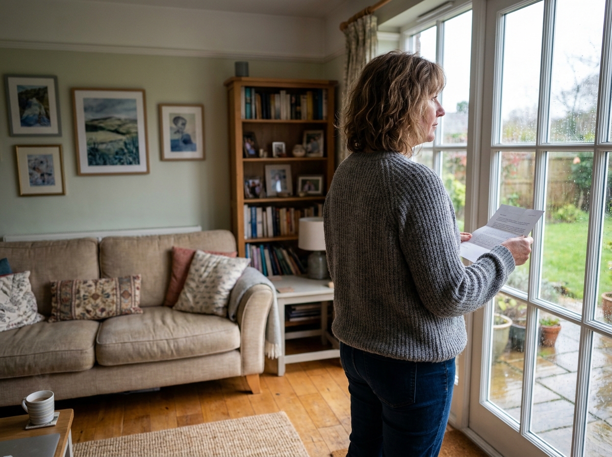 Femme contemplant une lettre dans son salon cosy