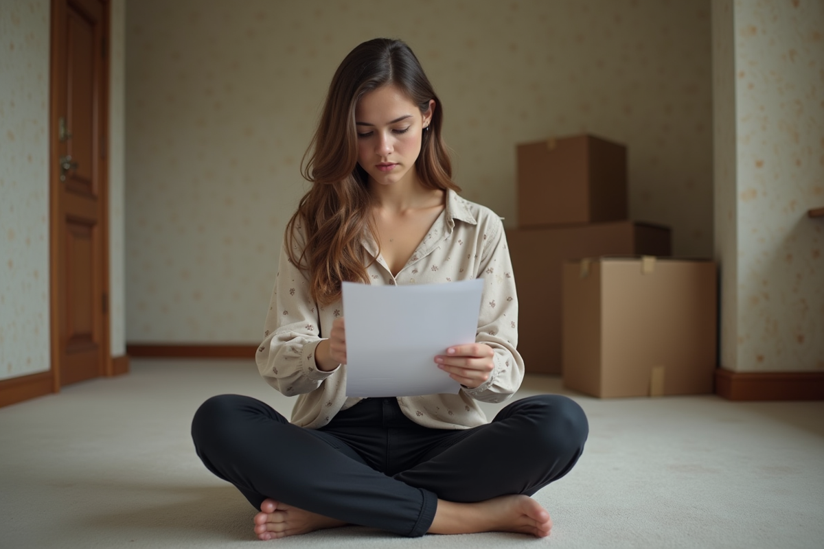 Jeune femme assise sur le sol en réfléchissant à des papiers