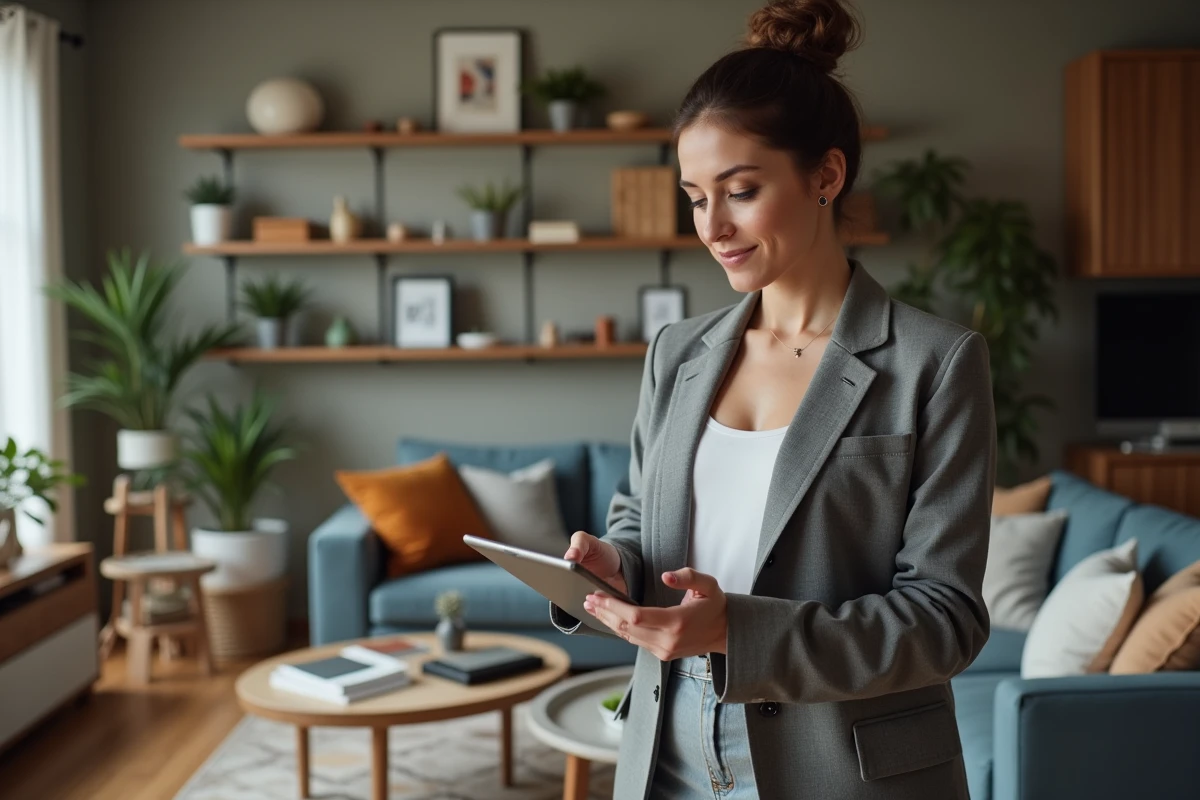 Femme en tenue décontractée examine une tablette dans un salon moderne