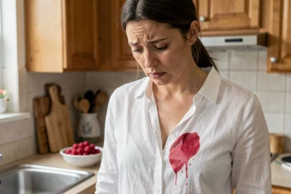 Femme avec une tache de framboise sur un chemisier blanc en lin, debout devant l'évier de cuisine