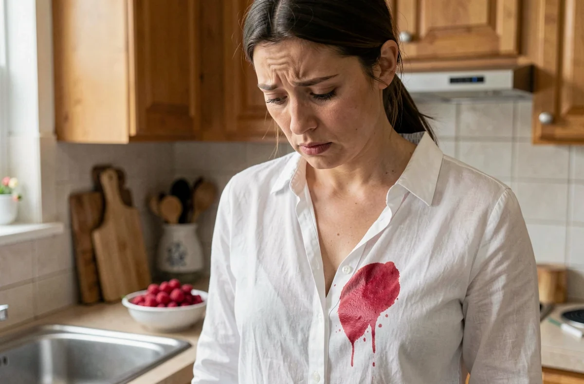 Femme avec une tache de framboise sur un chemisier blanc en lin, debout devant l'évier de cuisine