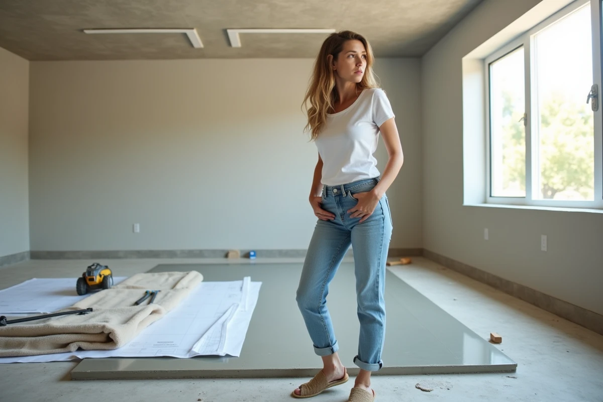 Jeune femme inspectant une dalle de béton dans un intérieur lumineux