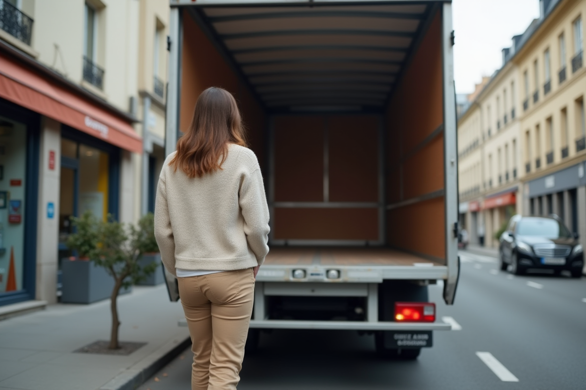 Femme inspectant l’intérieur d’un camion en ville