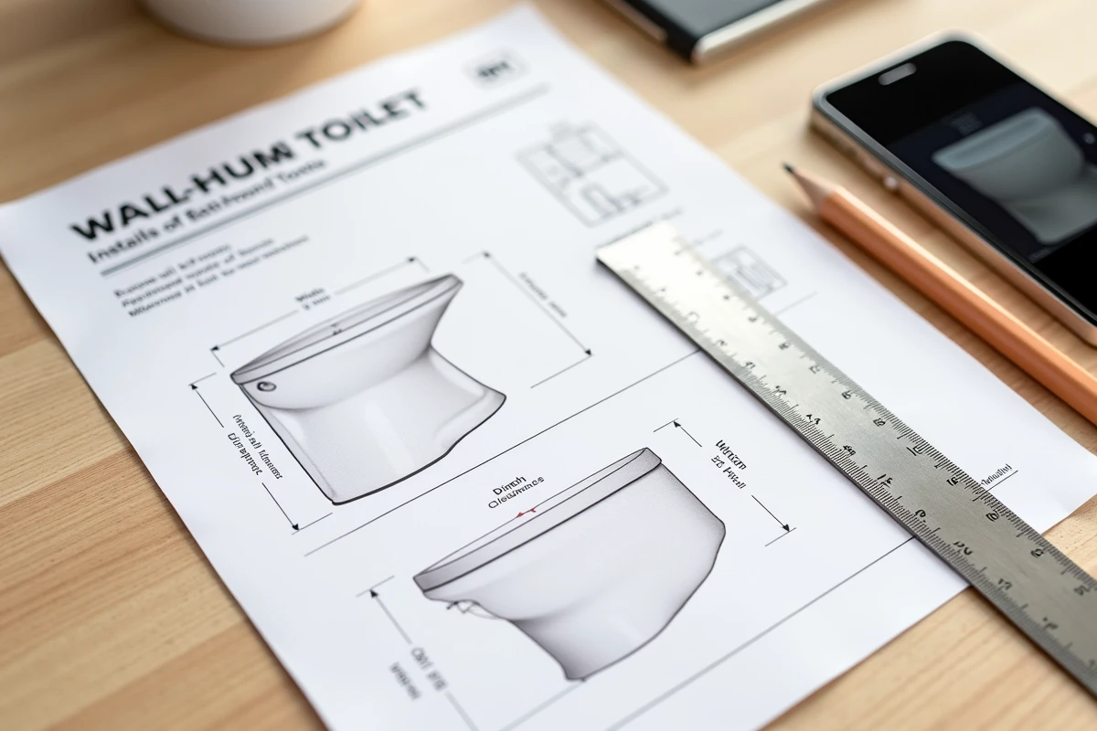 Fiche technique de WC suspendu avec cotes de largeur annotées posée sur un bureau en bois avec règle et crayon
