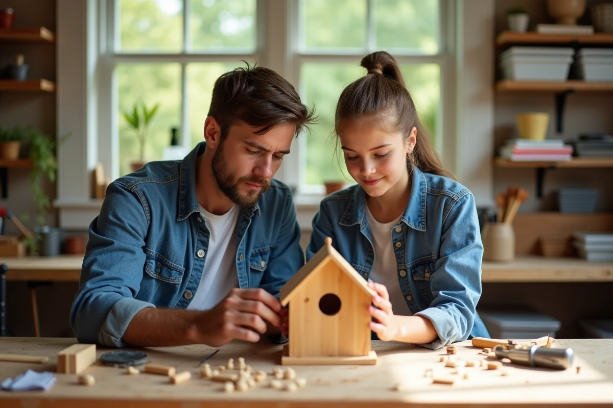 Fille adolescente et père construisant une cabane à oiseaux