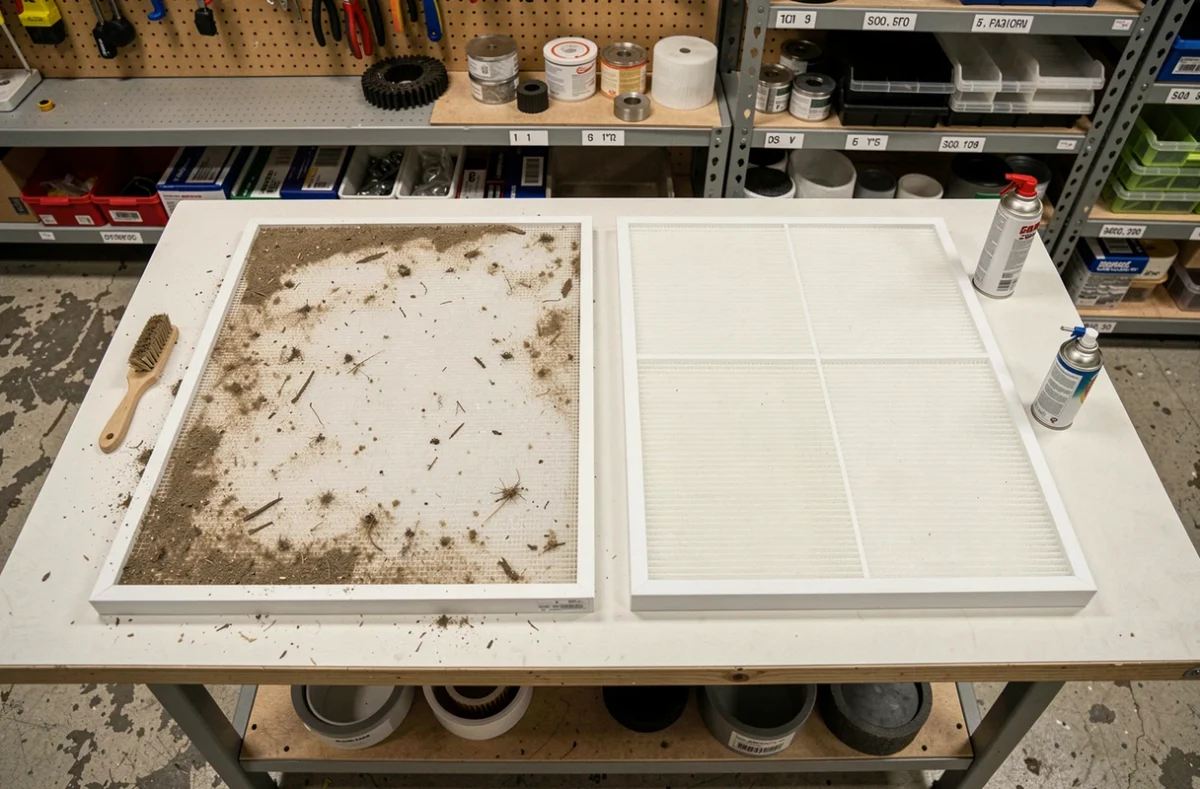 Filtre de pompe à chaleur encrassé comparé à un filtre propre sur un établi d'atelier technique