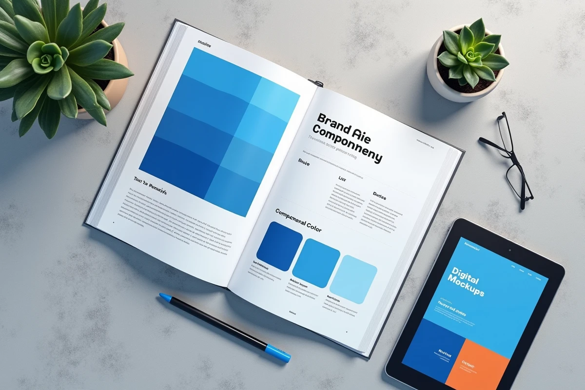 Flat-lay de guide de marque avec palette bleu complémentaire, mockups digitaux et tablette sur surface en béton gris