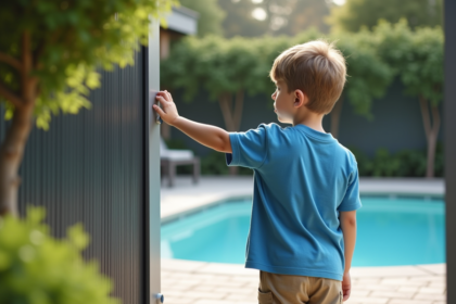 Jeune garçon près de la piscine touche la barrière de sécurité