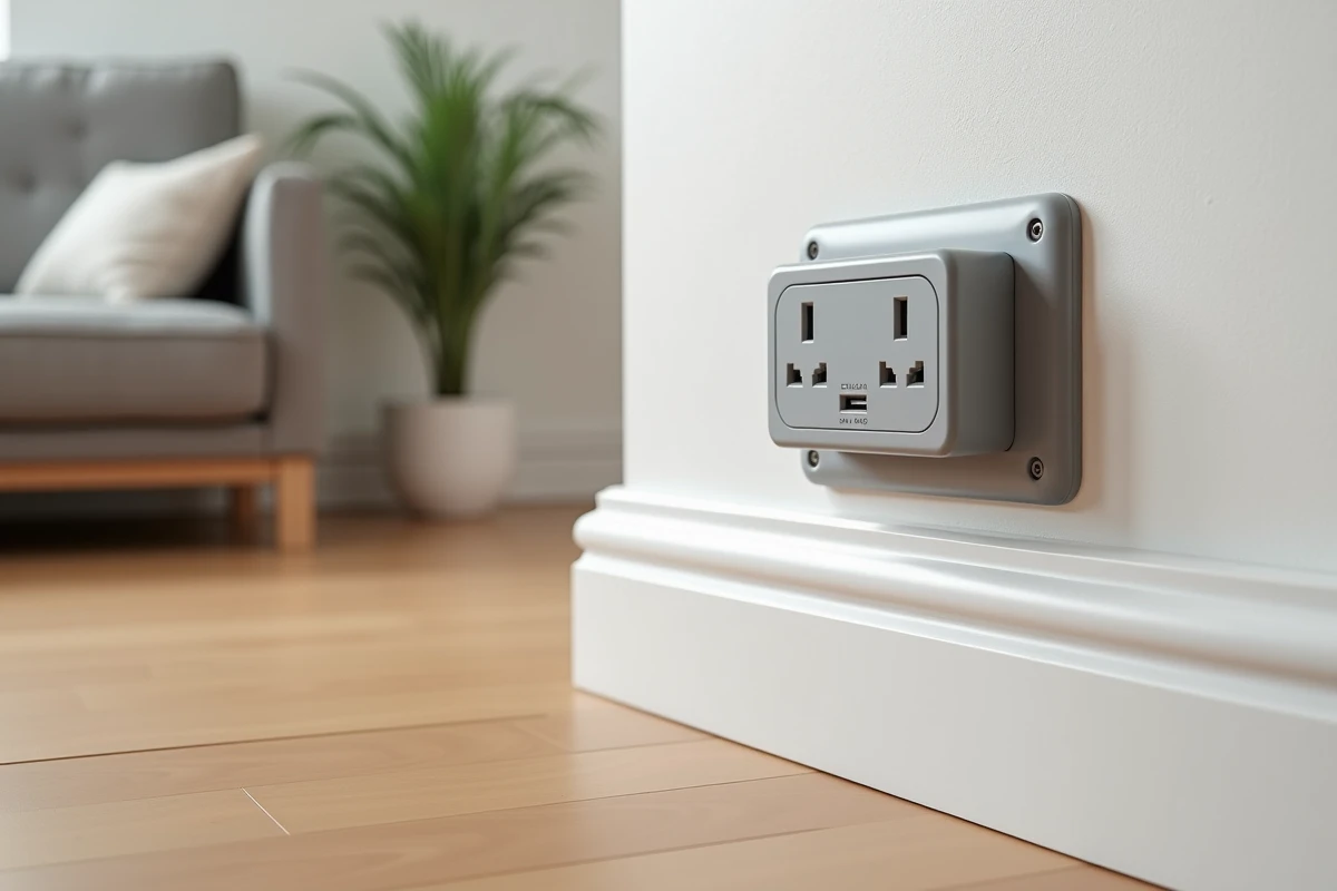 Goulotte grise avec double prise intégrée et port USB installée en plinthe dans un salon contemporain