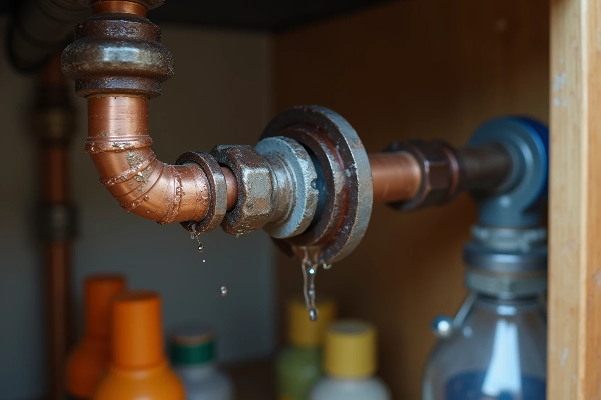 Gros plan sur un aimant anti-calcaire installé sur un tuyau de plomberie sous un évier