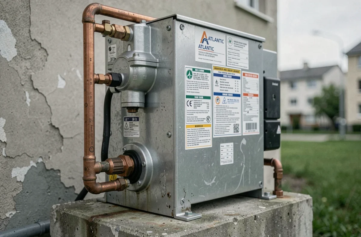 Gros plan sur le compresseur d'une pompe à chaleur Atlantic avec tuyaux en cuivre et câblage visible